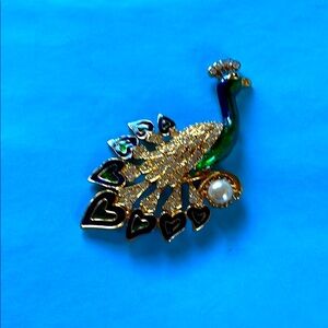 Large Gold Tone Peacock Brooch with Enamel, Rhinestone and Pearl Accents